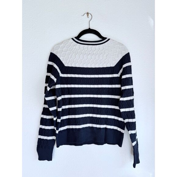 MILLY Stripe Textured Cable Stitch Crew Neck Sweater in Navy & White Size Medium - Picture 7 of 13